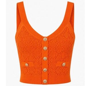 Preppy Orange Knit Crop Tank Top‎ Women S Crest Button Textured Sweater Vest